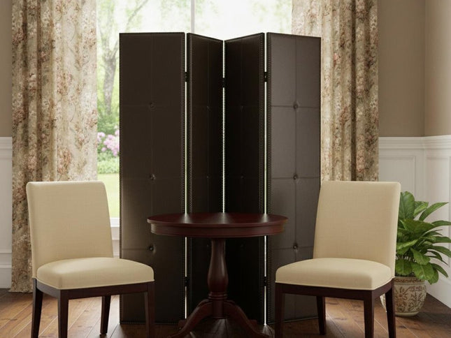 84" Brown Faux Leather Folding Four Panel Screen Room Divider