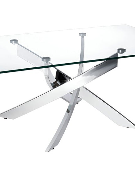 47" Clear and Silver Glass And Steel Cross Legs Coffee Table