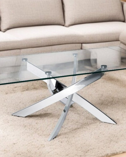 47" Clear and Silver Glass And Steel Cross Legs Coffee Table