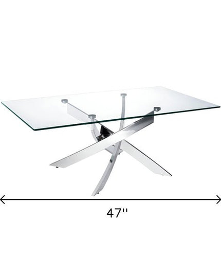 47" Clear and Silver Glass And Steel Cross Legs Coffee Table