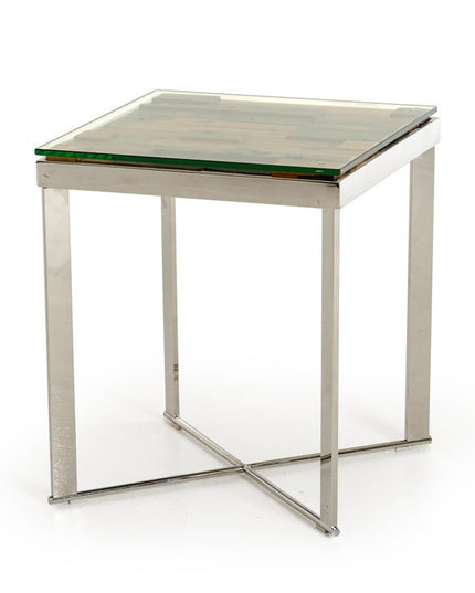 22" Silver and Brown Reclaimed Wood Glass and Steel Square End Table