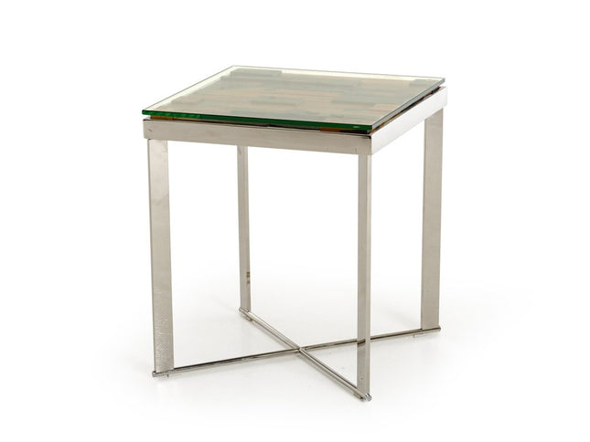 22" Silver and Brown Reclaimed Wood Glass and Steel Square End Table