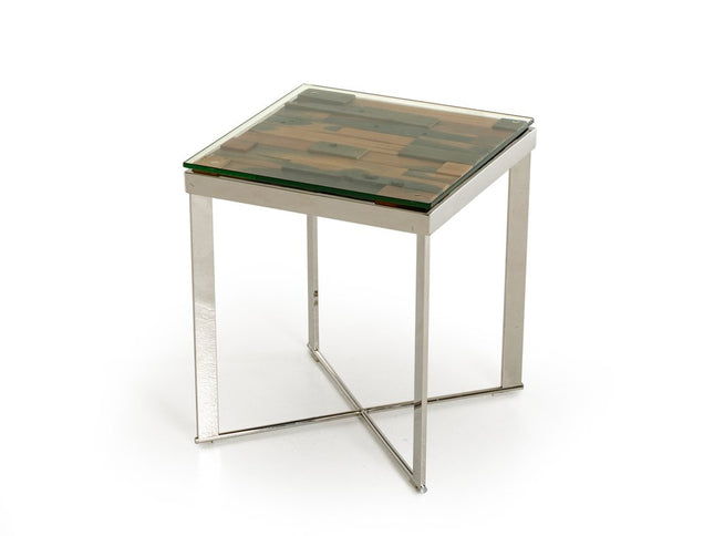22" Silver and Brown Reclaimed Wood Glass and Steel Square End Table