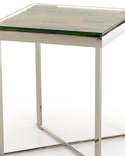 22" Silver and Brown Reclaimed Wood Glass and Steel Square End Table