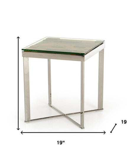 22" Silver and Brown Reclaimed Wood Glass and Steel Square End Table