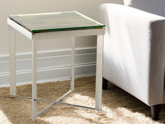 22" Silver and Brown Reclaimed Wood Glass and Steel Square End Table