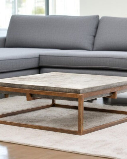 42" Dark Gray and Rust Concrete And Iron Square Abstract Coffee Table