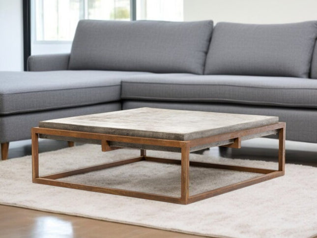 42" Dark Gray and Rust Concrete And Iron Square Abstract Coffee Table