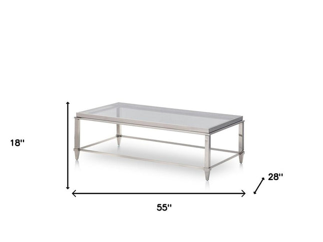 55" Clear and Silver Glass And Steel Coffee Table