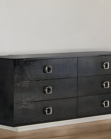 63" Black Six Drawer Shagreen Faux Croc Double Dresser