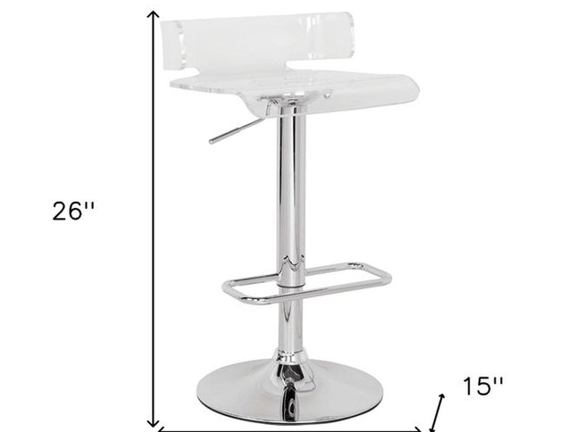 Clear and Silver Acrylic and Metal Low Back Adjustable Height Swivel Bar Chair