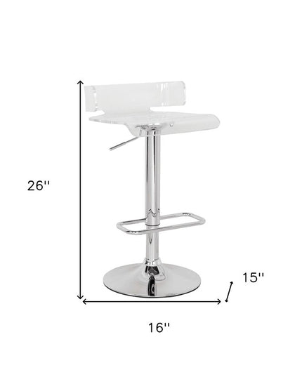 Clear and Silver Acrylic and Metal Low Back Adjustable Height Swivel Bar Chair