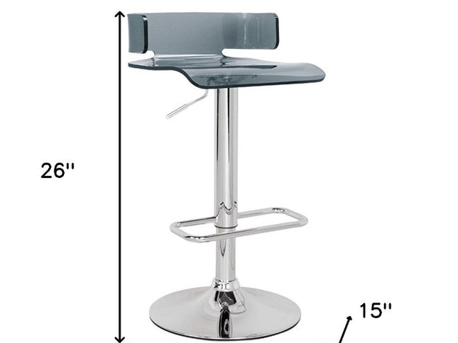 Clear and Silver Acrylic and Metal Low Back Adjustable Height Swivel Bar Chair