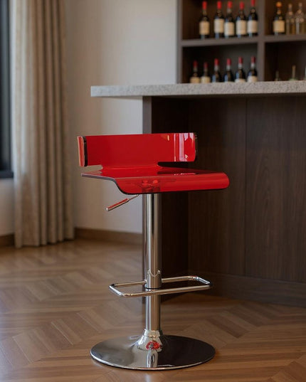 Clear and Silver Acrylic and Metal Low Back Adjustable Height Swivel Bar Chair