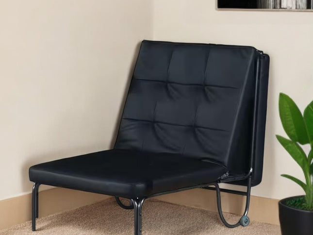 75" Black Faux Leather Tufted Convertible Chair