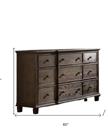 60" Dark Brown Solid Wood Nine Drawer Double Dresser
