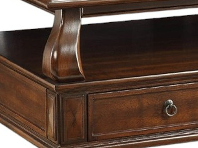 50" Dark Brown Solid Wood Coffee Table With Two Drawers And Shelf