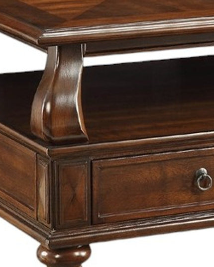 50" Dark Brown Solid Wood Coffee Table With Two Drawers And Shelf