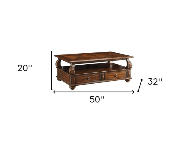 50" Dark Brown Solid Wood Coffee Table With Two Drawers And Shelf