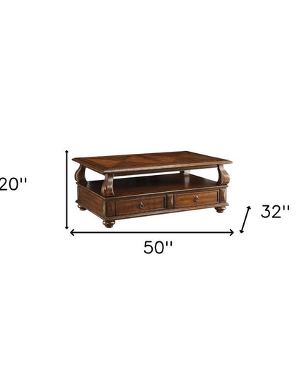 50" Dark Brown Solid Wood Coffee Table With Two Drawers And Shelf