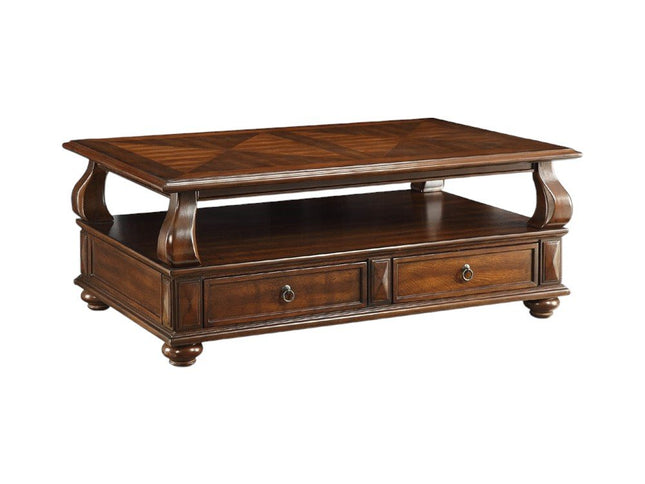 50" Dark Brown Solid Wood Coffee Table With Two Drawers And Shelf