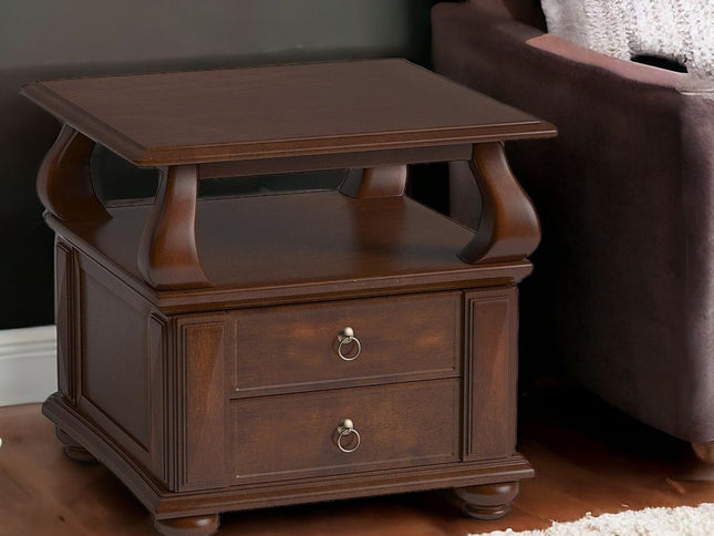 26" Brown Solid Wood Square End Table With Two Drawers And Shelf