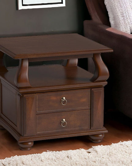 26" Brown Solid Wood Square End Table With Two Drawers And Shelf