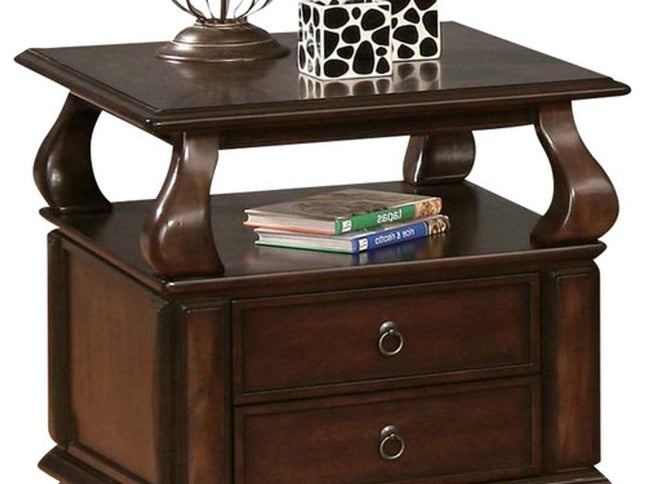 26" Brown Solid Wood Square End Table With Two Drawers And Shelf