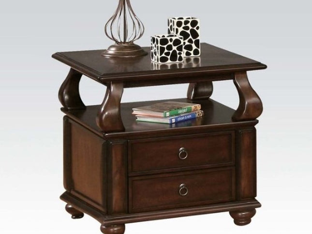 26" Brown Solid Wood Square End Table With Two Drawers And Shelf