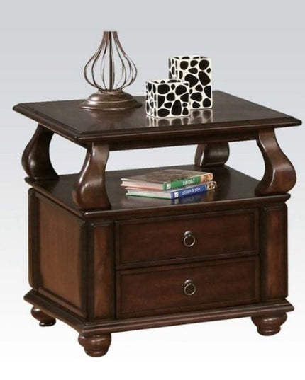 26" Brown Solid Wood Square End Table With Two Drawers And Shelf