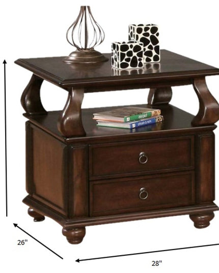 26" Brown Solid Wood Square End Table With Two Drawers And Shelf