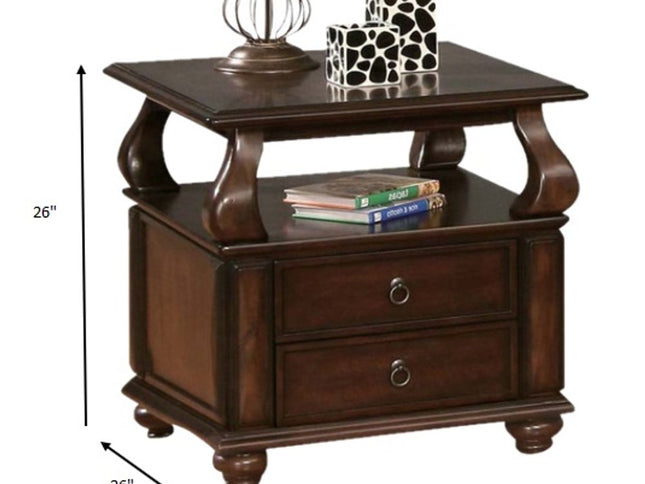 26" Brown Solid Wood Square End Table With Two Drawers And Shelf