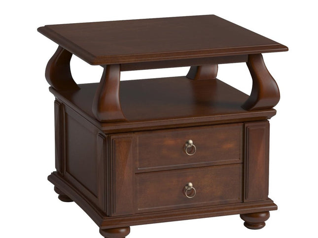 26" Brown Solid Wood Square End Table With Two Drawers And Shelf