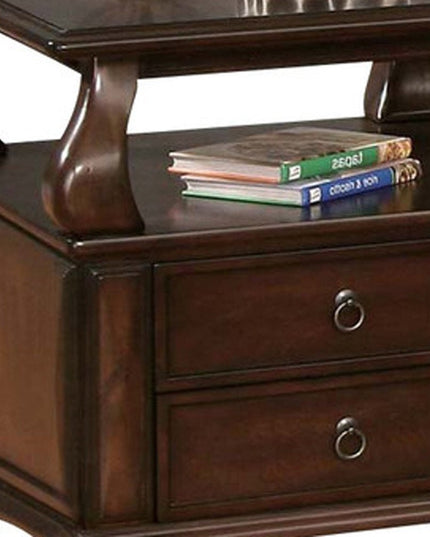 26" Brown Solid Wood Square End Table With Two Drawers And Shelf
