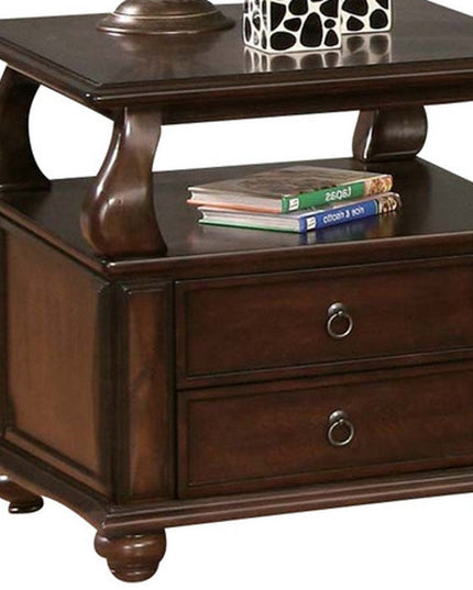 26" Brown Solid Wood Square End Table With Two Drawers And Shelf