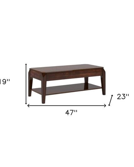 47" Dark Brown Wood Lift Top Coffee Table With Shelf