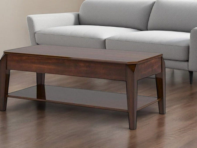 47" Dark Brown Wood Lift Top Coffee Table With Shelf