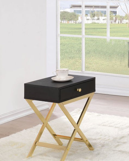 24" Gold And Black Solid Wood End Table With Drawer