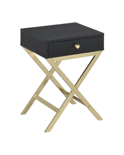 24" Gold And Black Solid Wood End Table With Drawer
