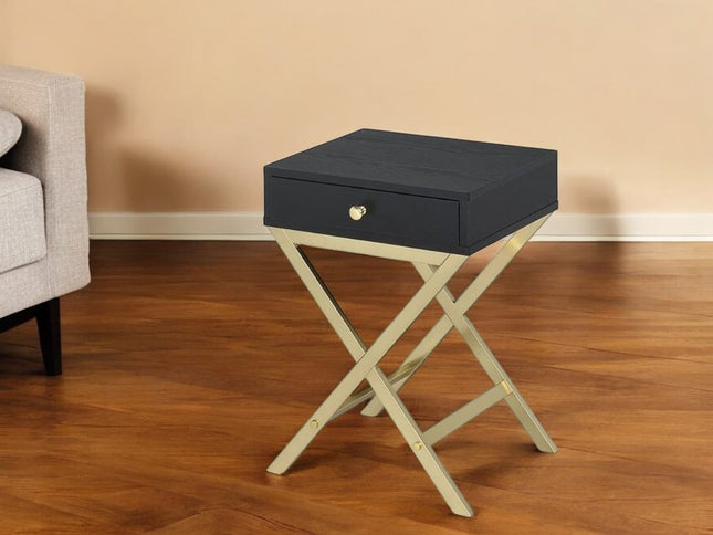 24" Gold And Black Solid Wood End Table With Drawer