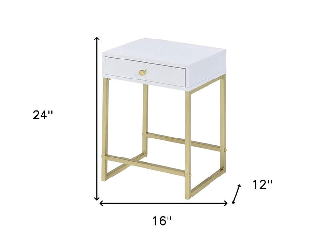24" Gold And White Solid Wood End Table With Drawer