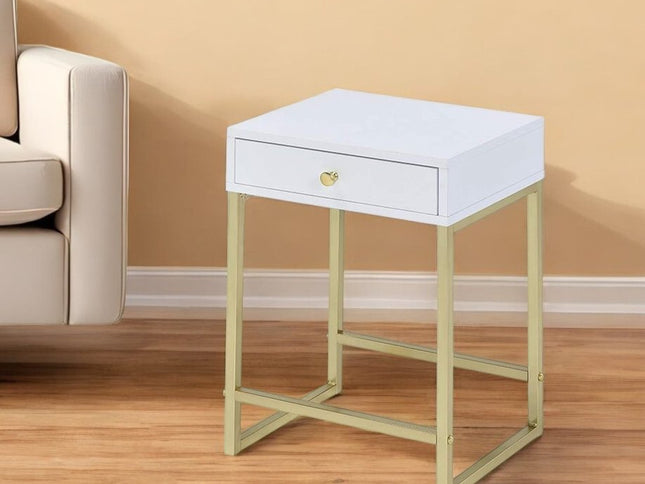 24" Gold And White Solid Wood End Table With Drawer