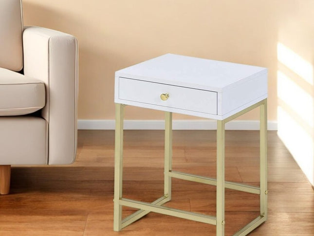 24" Gold And White Solid Wood End Table With Drawer