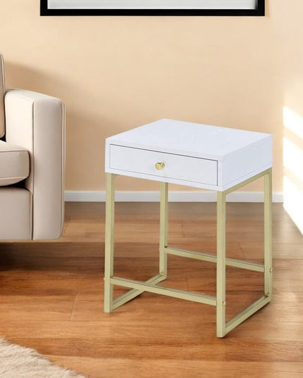 24" Gold And White Solid Wood End Table With Drawer
