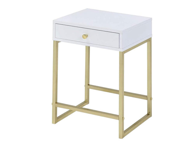 24" Gold And White Solid Wood End Table With Drawer