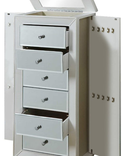 38" White Six Drawer Wood and Mirrored Glass Jewelry Armoire