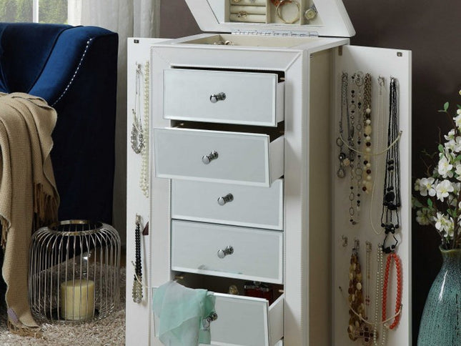 38" White Six Drawer Wood and Mirrored Glass Jewelry Armoire