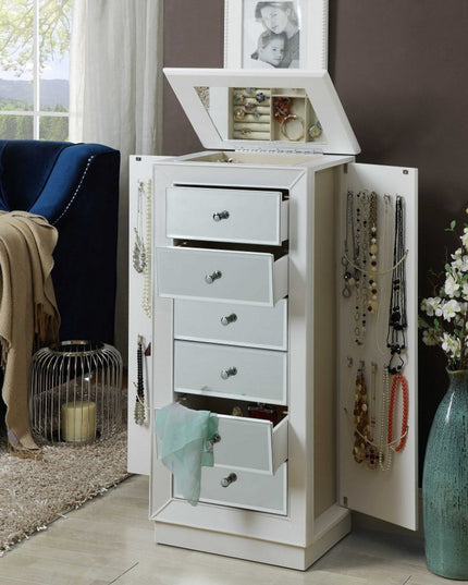 38" White Six Drawer Wood and Mirrored Glass Jewelry Armoire