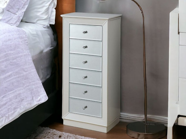 38" White Six Drawer Wood and Mirrored Glass Jewelry Armoire