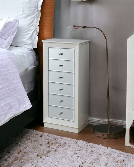 38" White Six Drawer Wood and Mirrored Glass Jewelry Armoire
